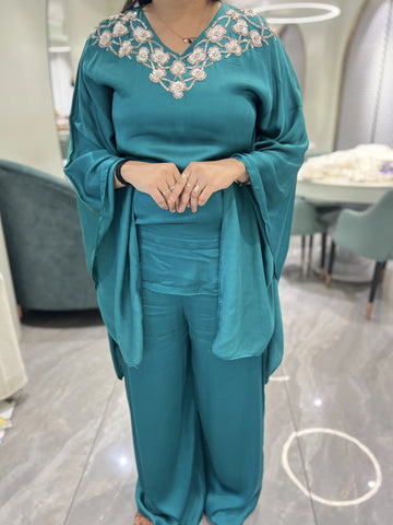 Teal Hand Work Pure Satin Cordset - VFGORI 7452 28