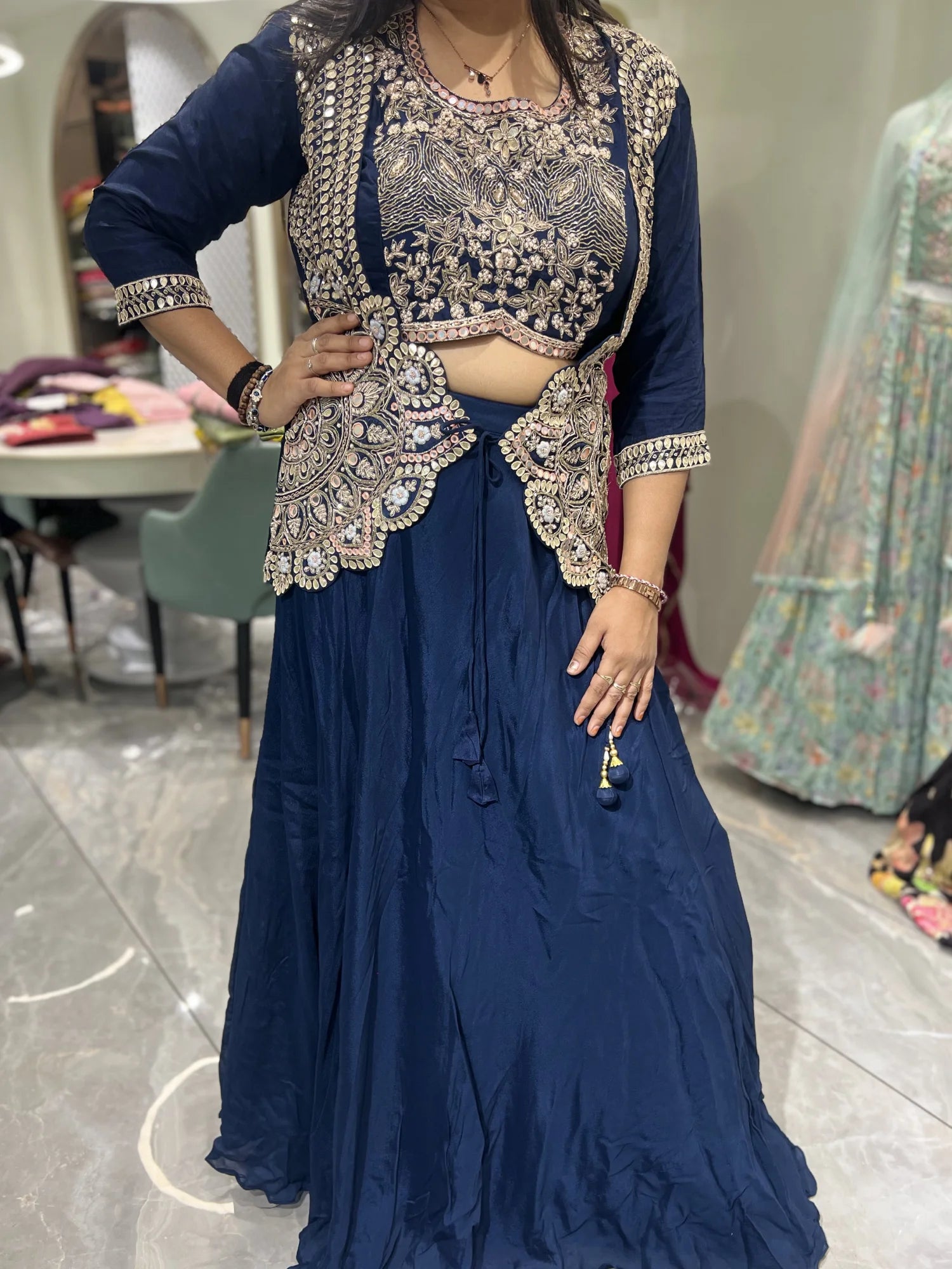 Blue Embroidery Chinon Crop Top - VIHGORI 437 23