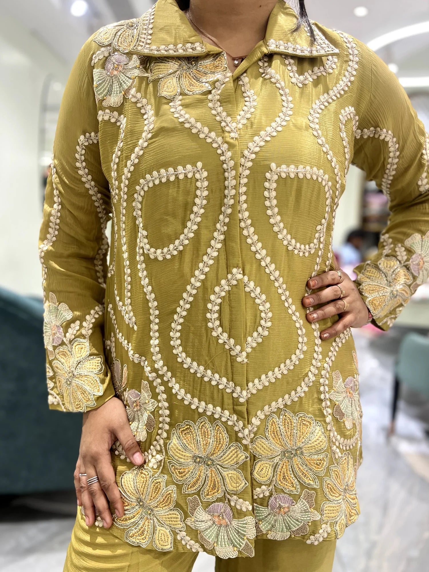 Olive Green Thread Work Georgette Cordset - MTGORIT 2545 6