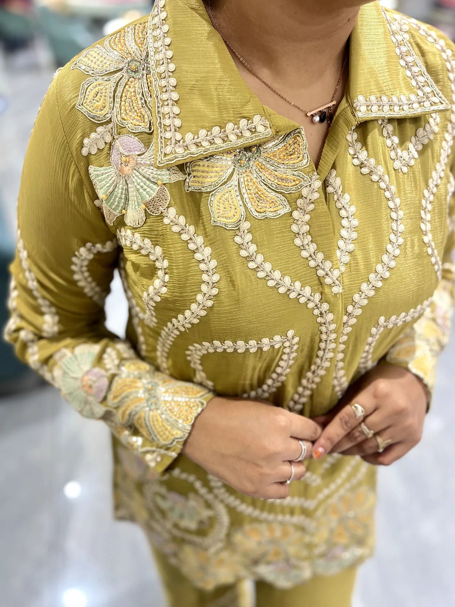 Olive Green Thread Work Georgette Cordset - MTGORIT 2545 6