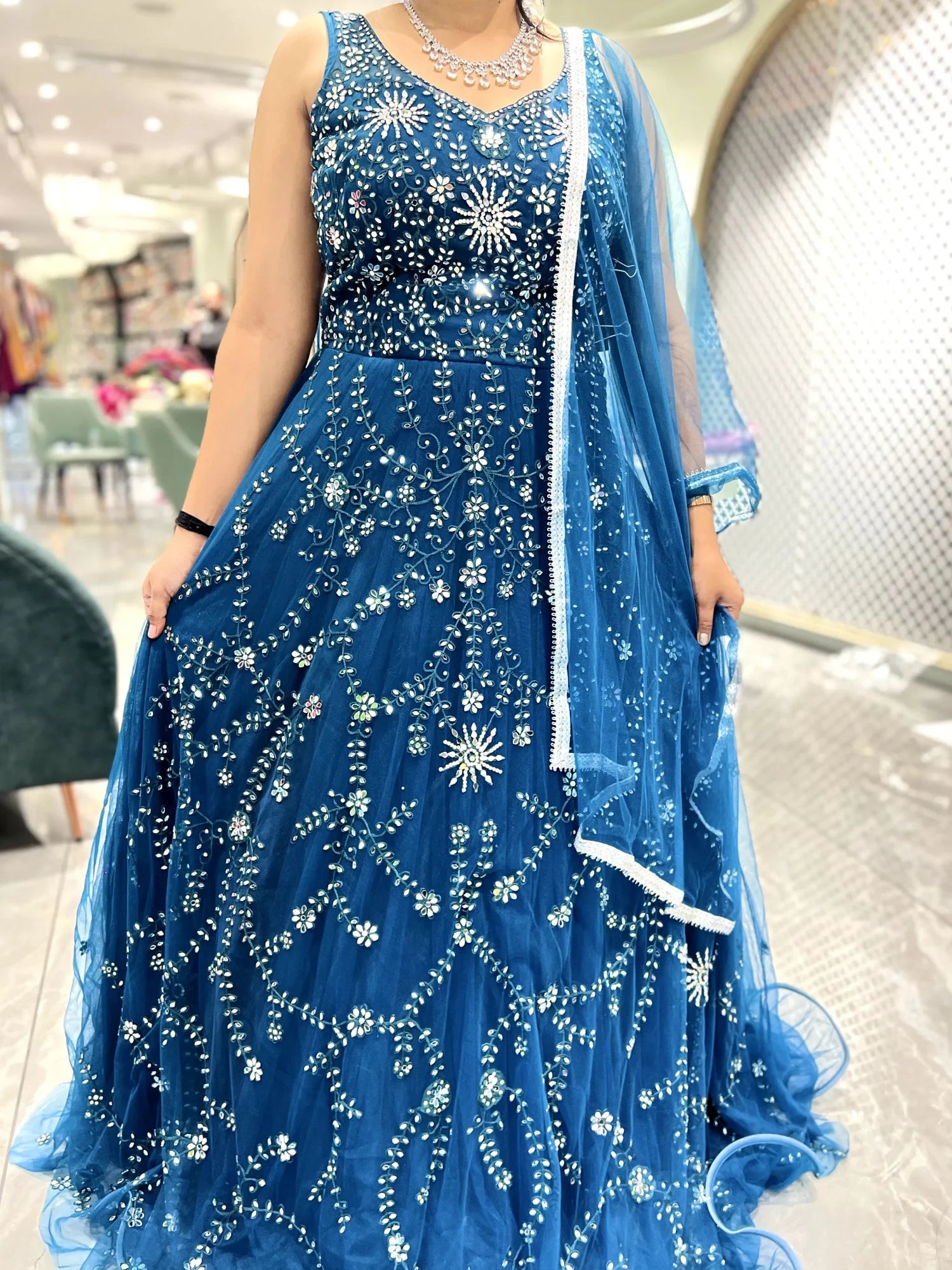 Blue Mirror Work Net Gown - SSCGORI MIX-3