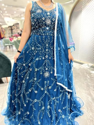 Blue Mirror Work Net Gown - SSCGORI MIX-3