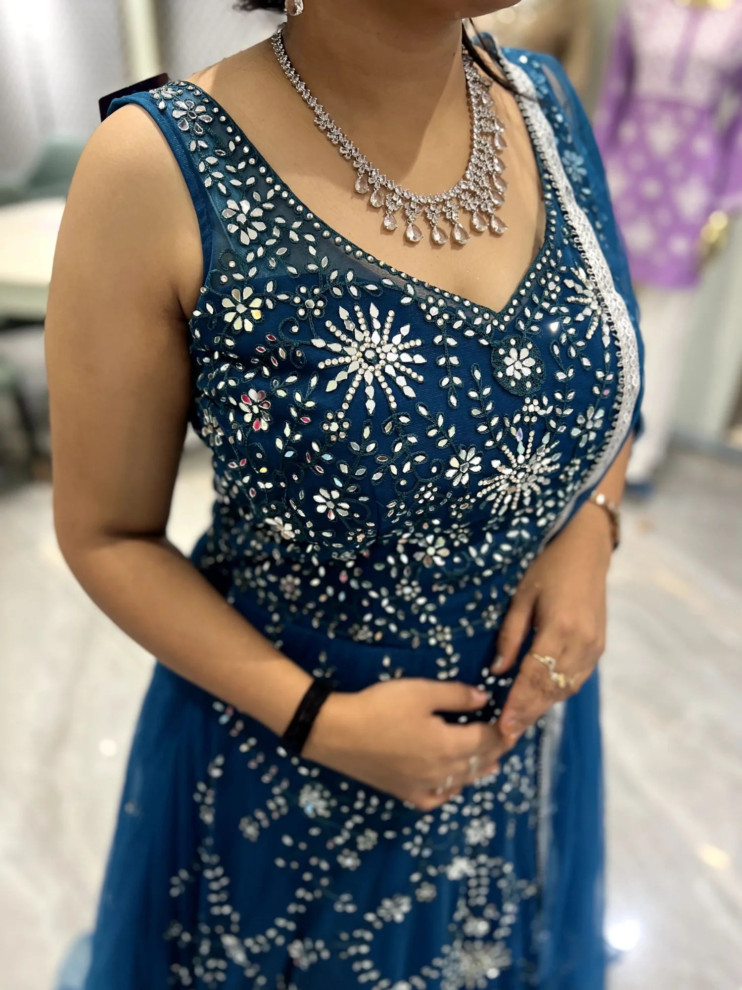 Blue Mirror Work Net Gown - SSCGORI MIX-3