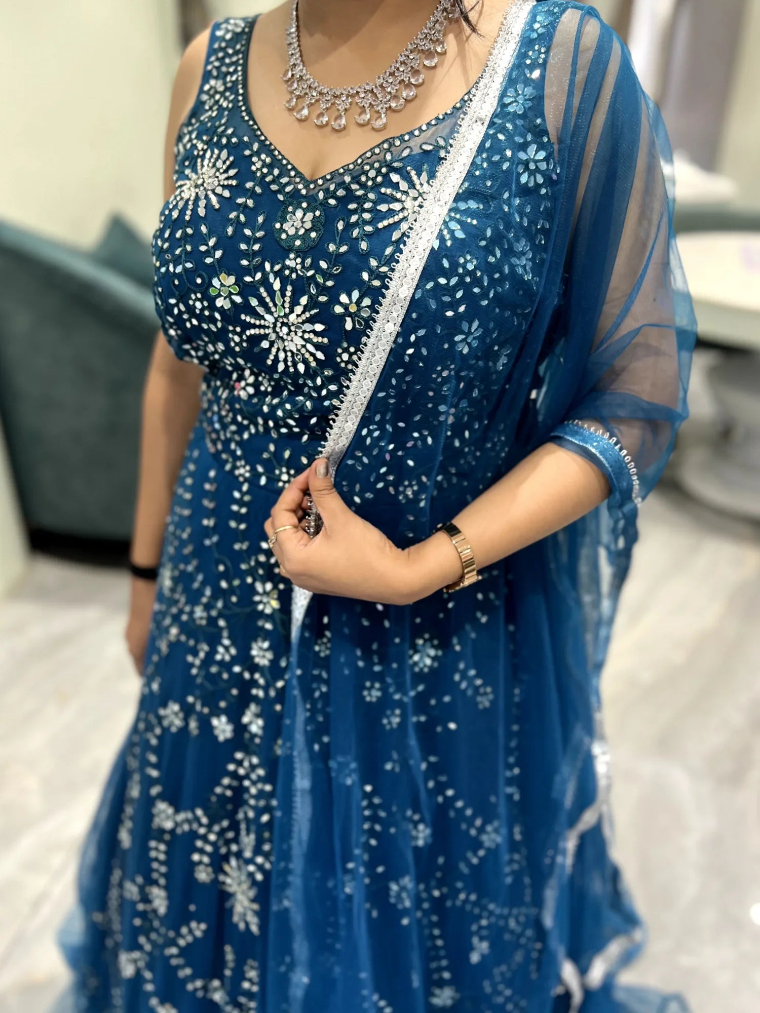 Blue Mirror Work Net Gown - SSCGORI MIX-3