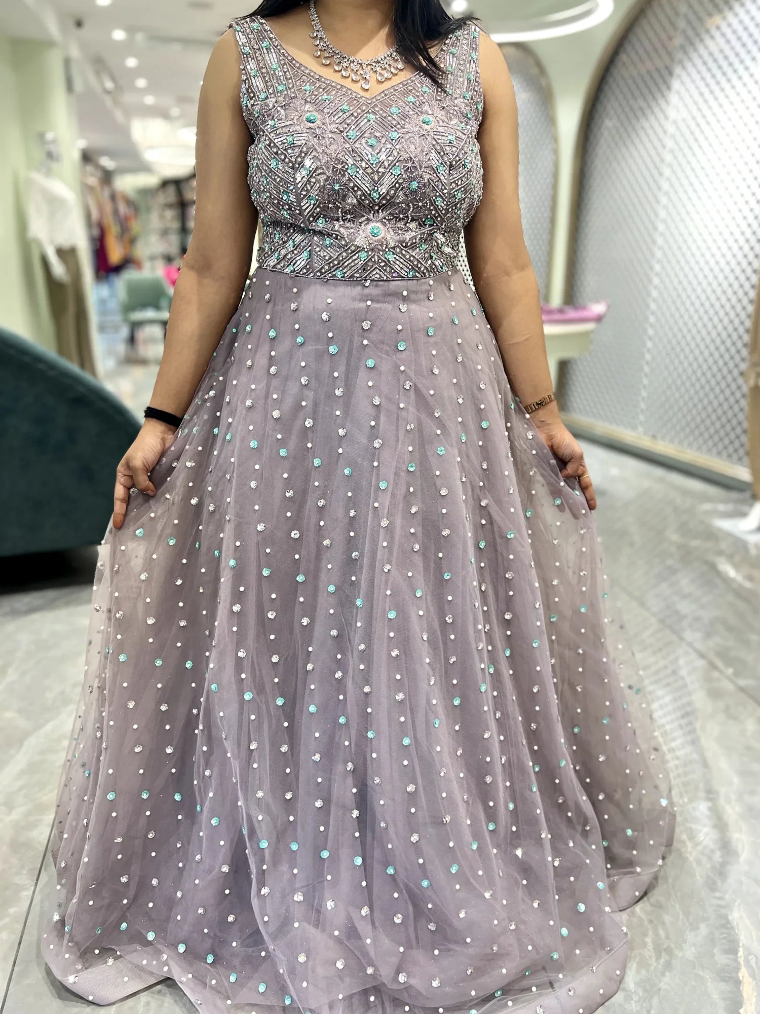 Grey Hand Work Net Gown - CGORID 2604 6