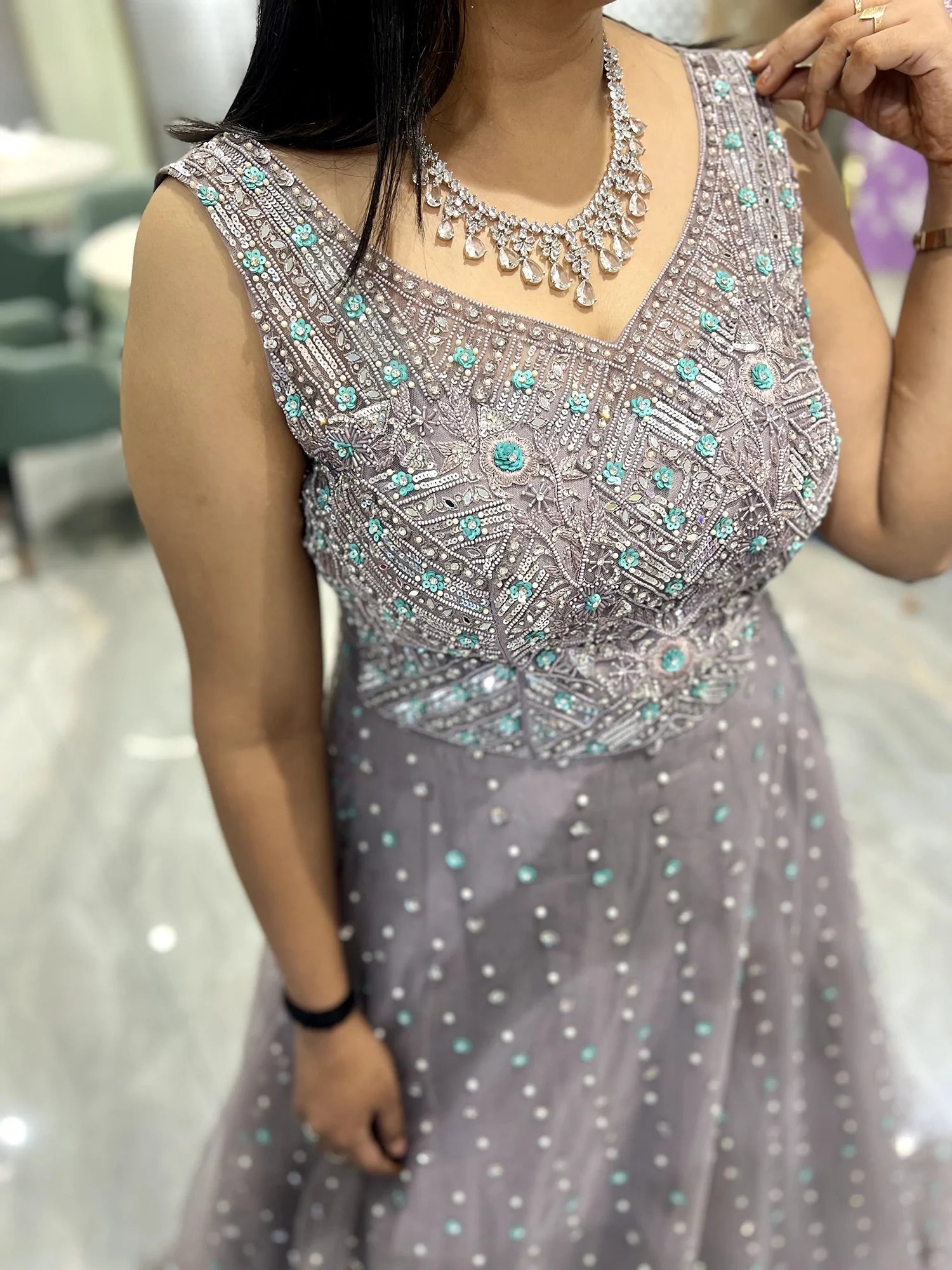 Grey Hand Work Net Gown - CGORID 2604 6