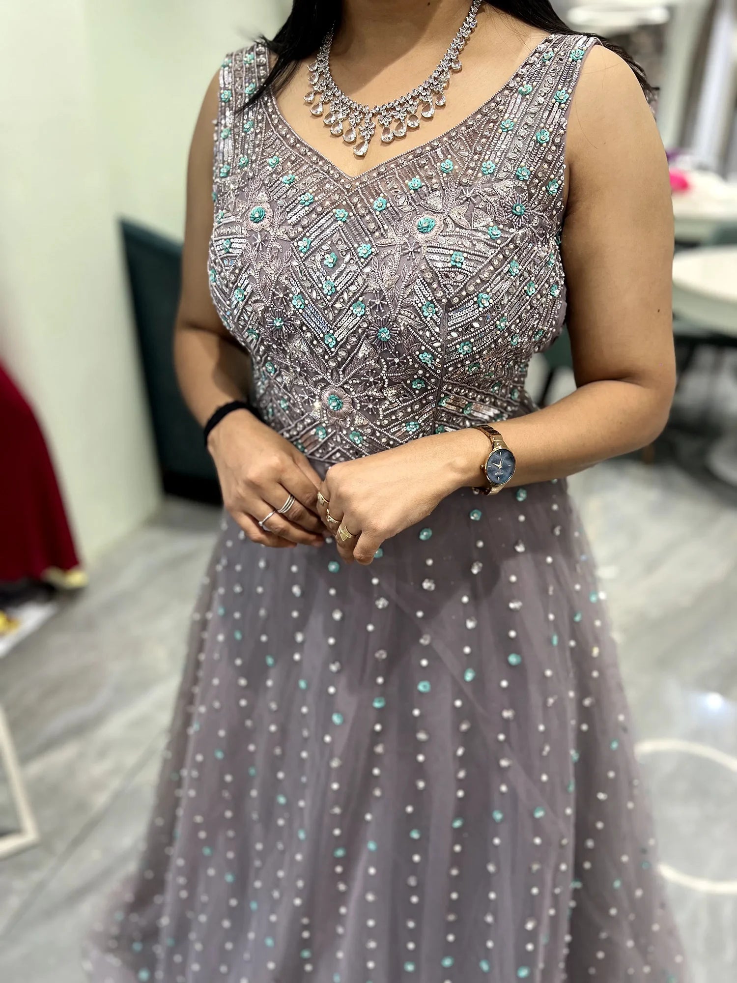 Grey Hand Work Net Gown - CGORID 2604 6
