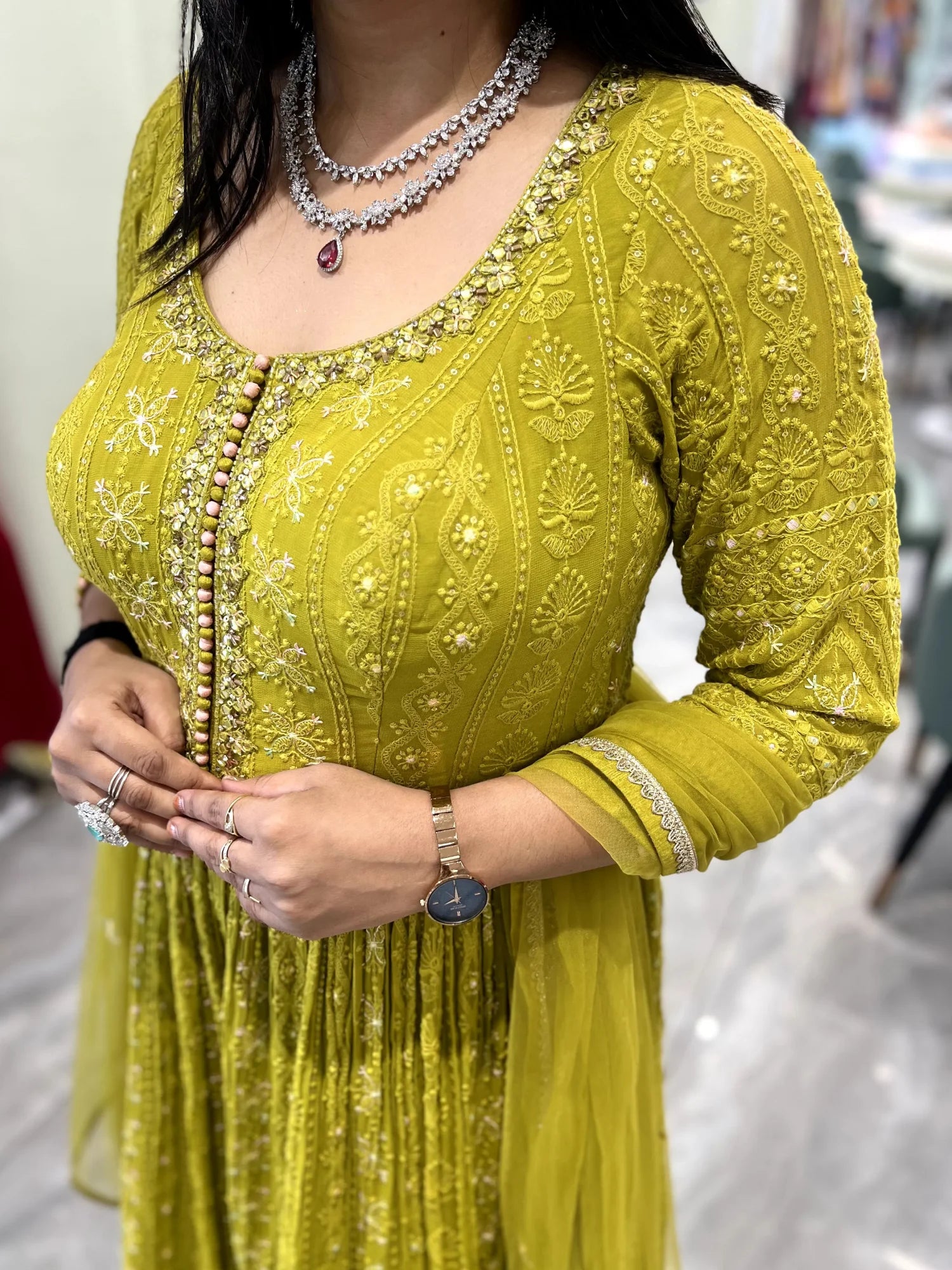 Mehndi Green Embroidery Georgette Gown - PGORIC 182 1