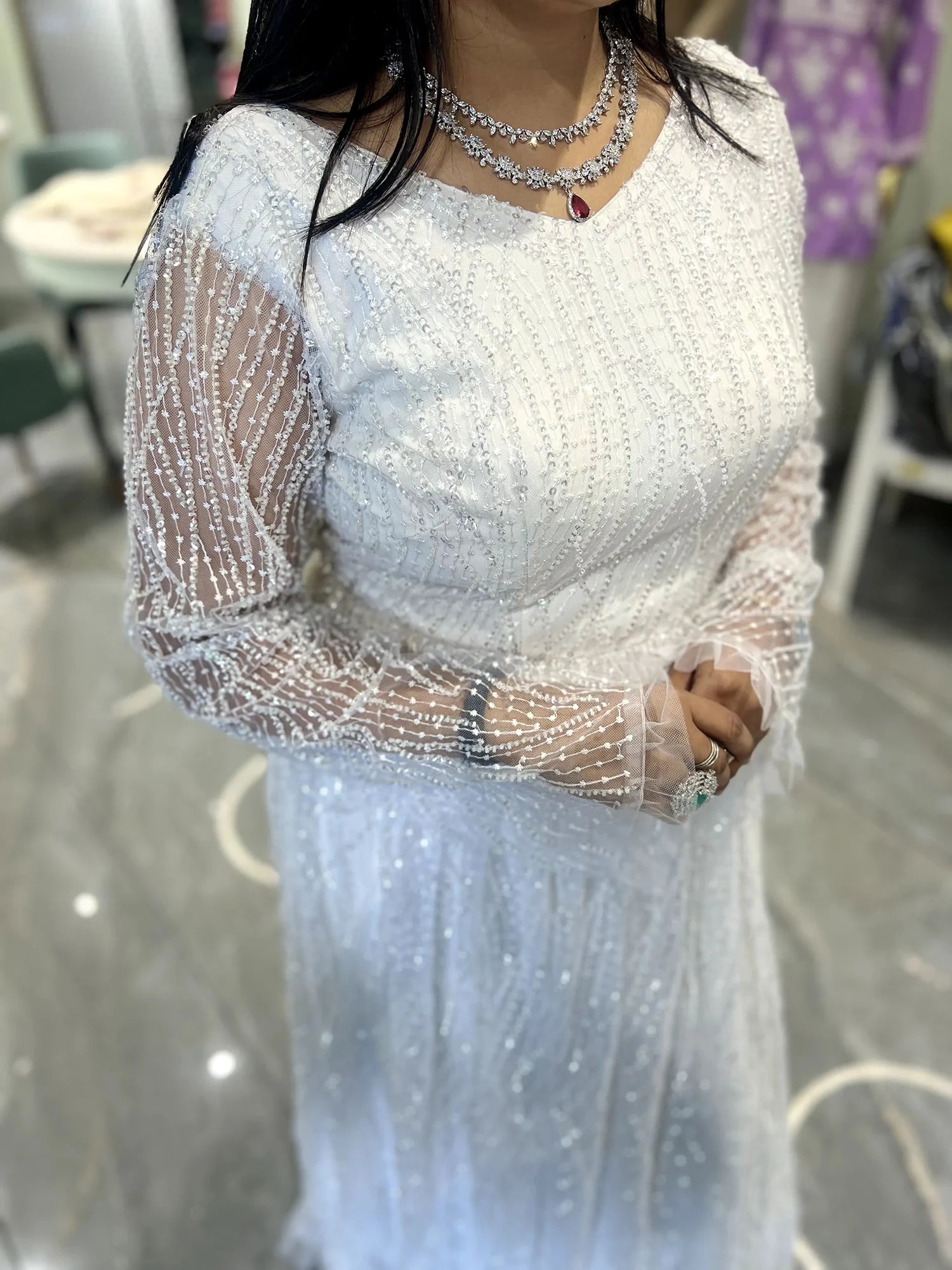 White Sequin With Moti Net Gown - IBGORI 2