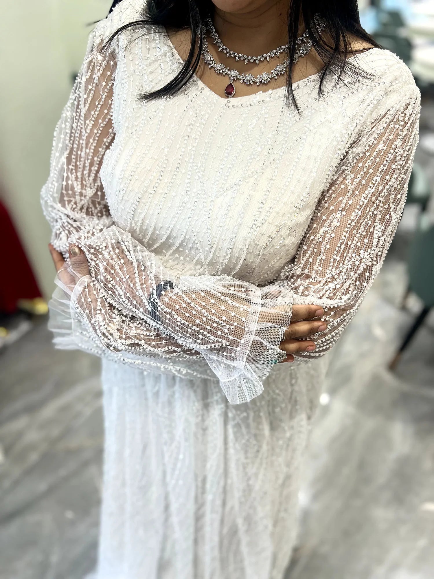 White Sequin With Moti Net Gown - IBGORI 2