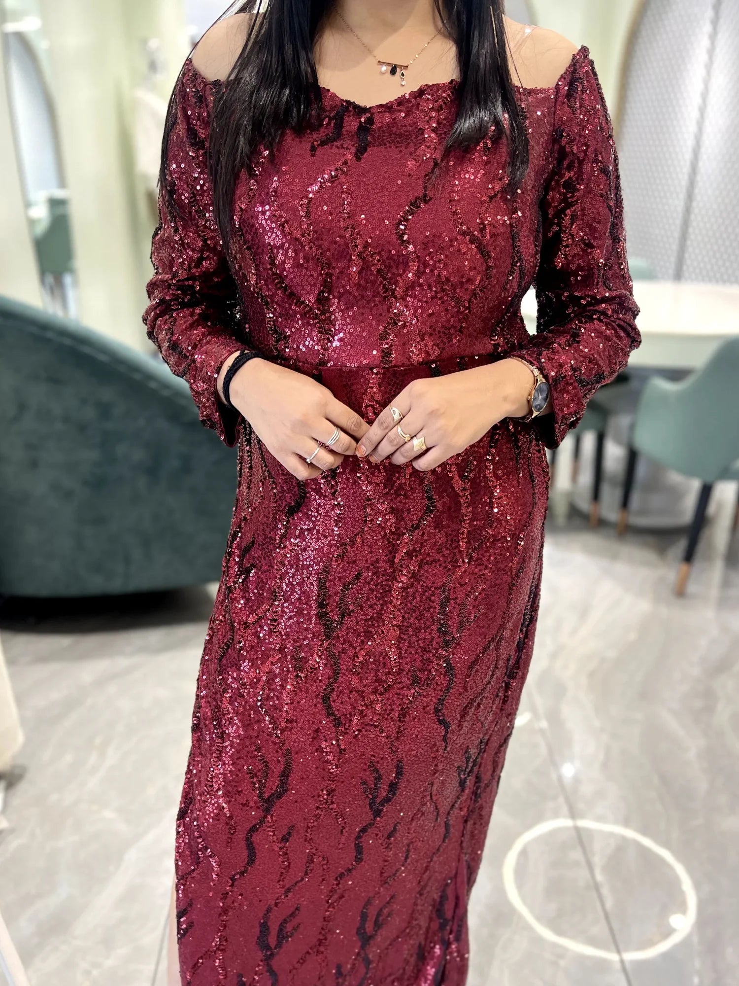Maroon Sequin Work Sequined Fabric Western - CGORIF 567 37