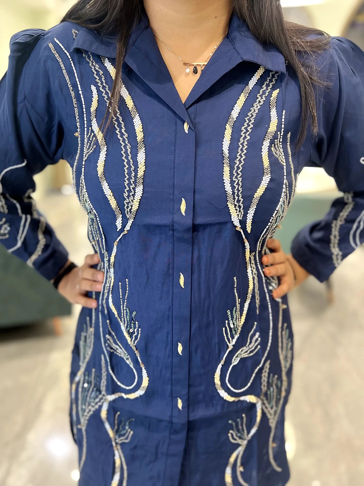 Navy Blue Embroidery Roman Silk Cordset - RGORICT 481 9