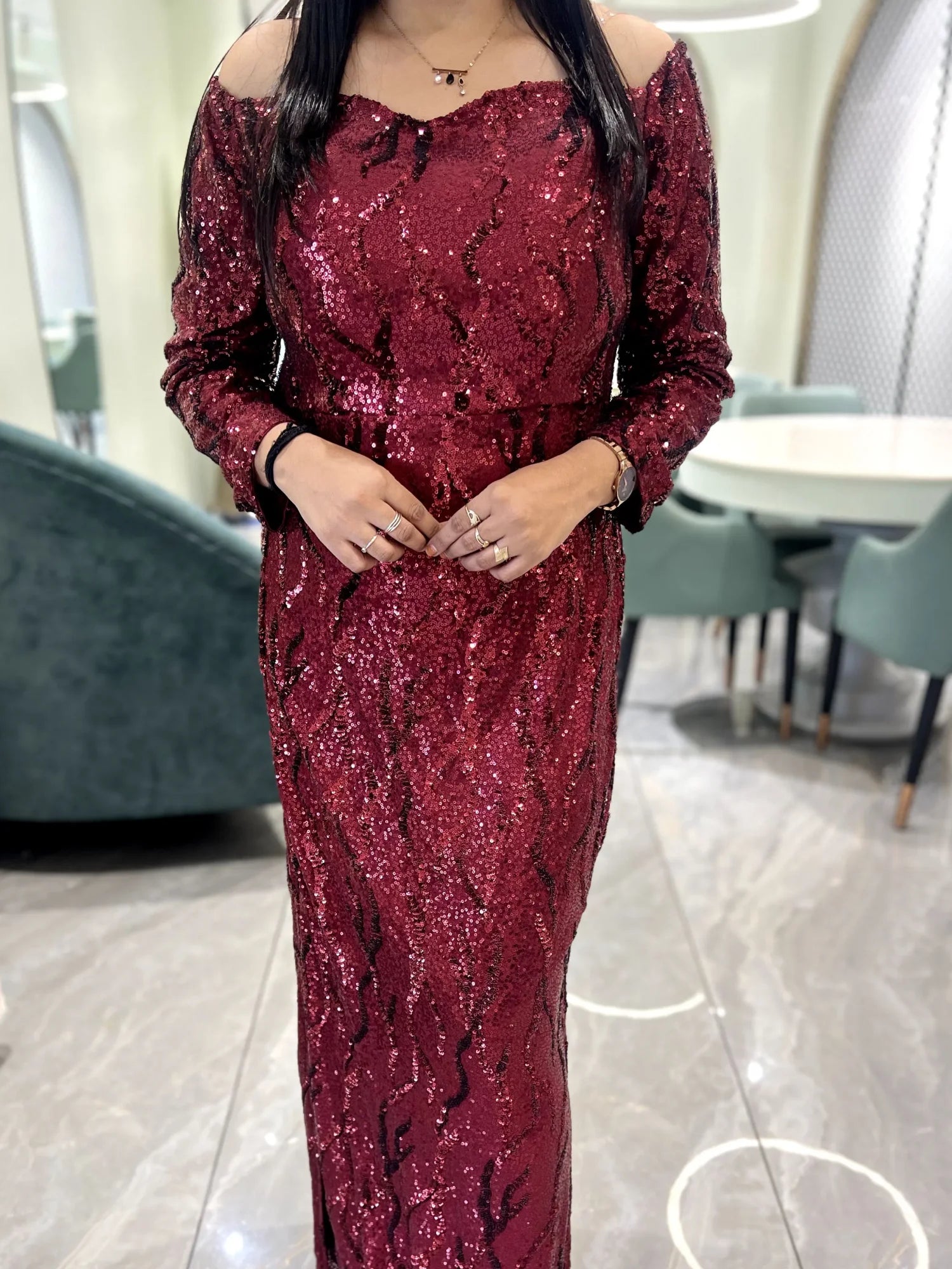 Maroon Sequin Work Sequined Fabric Western - CGORIF 567 37