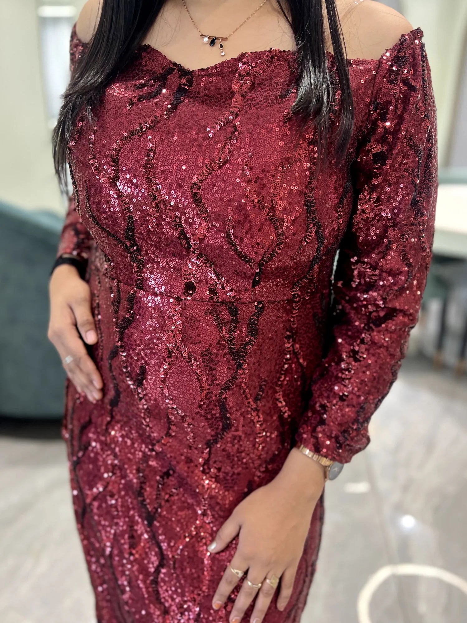 Maroon Sequin Work Sequined Fabric Western - CGORIF 567 37
