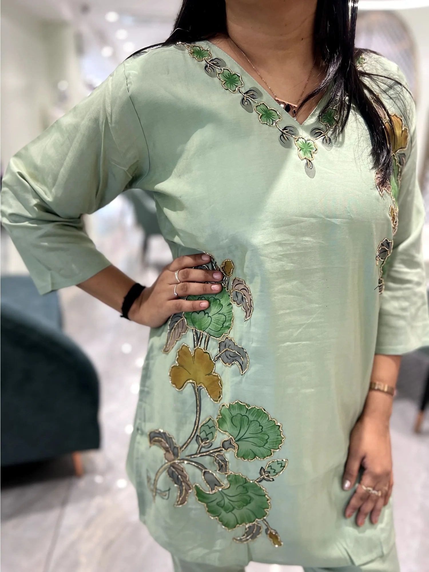Pistachio Green Embroidery Roman Silk Cordset - ZGORIA 23 7