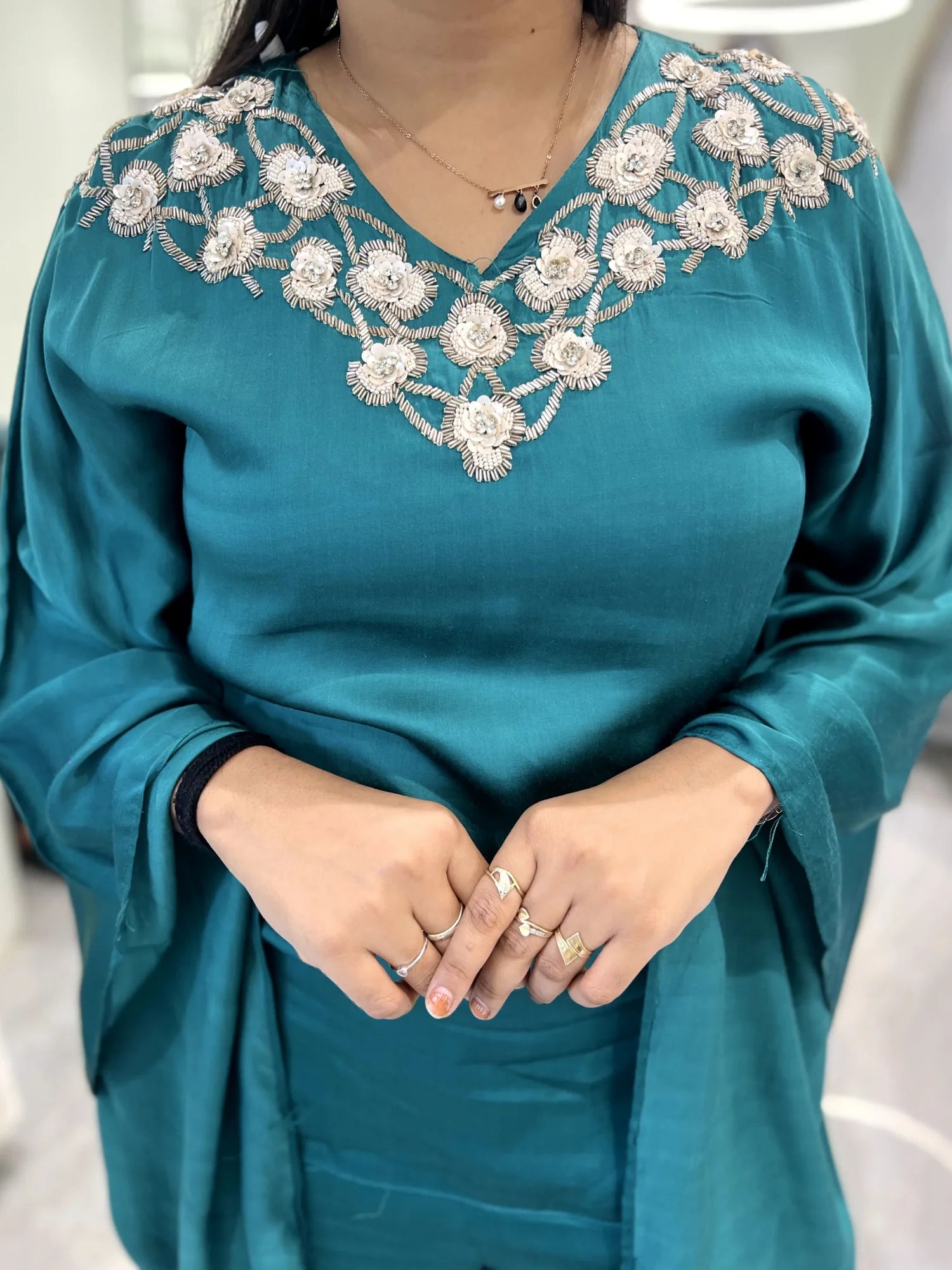 Teal Hand Work Pure Satin Cordset - VFGORI 7452 28