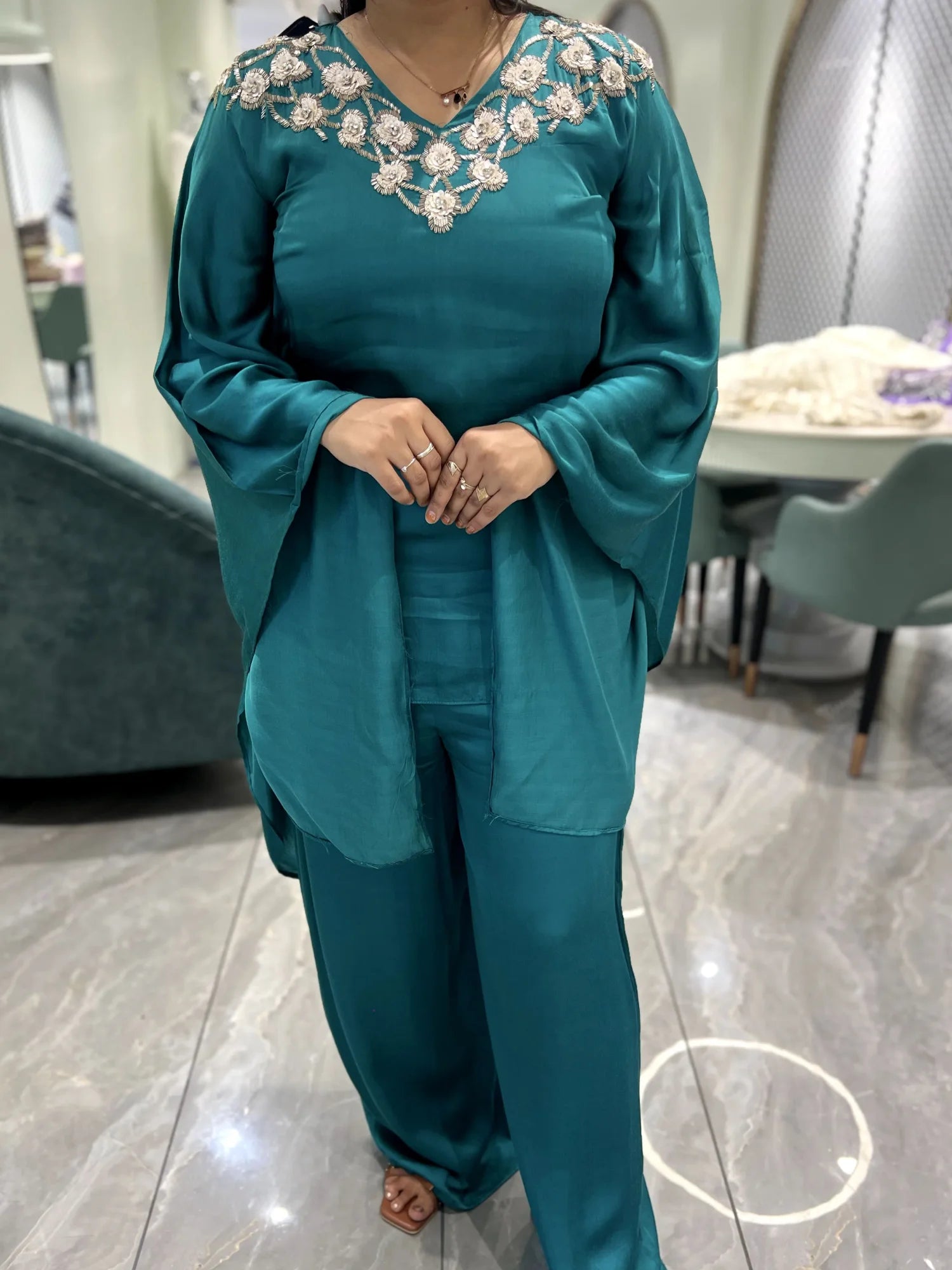 Teal Hand Work Pure Satin Cordset - VFGORI 7452 28