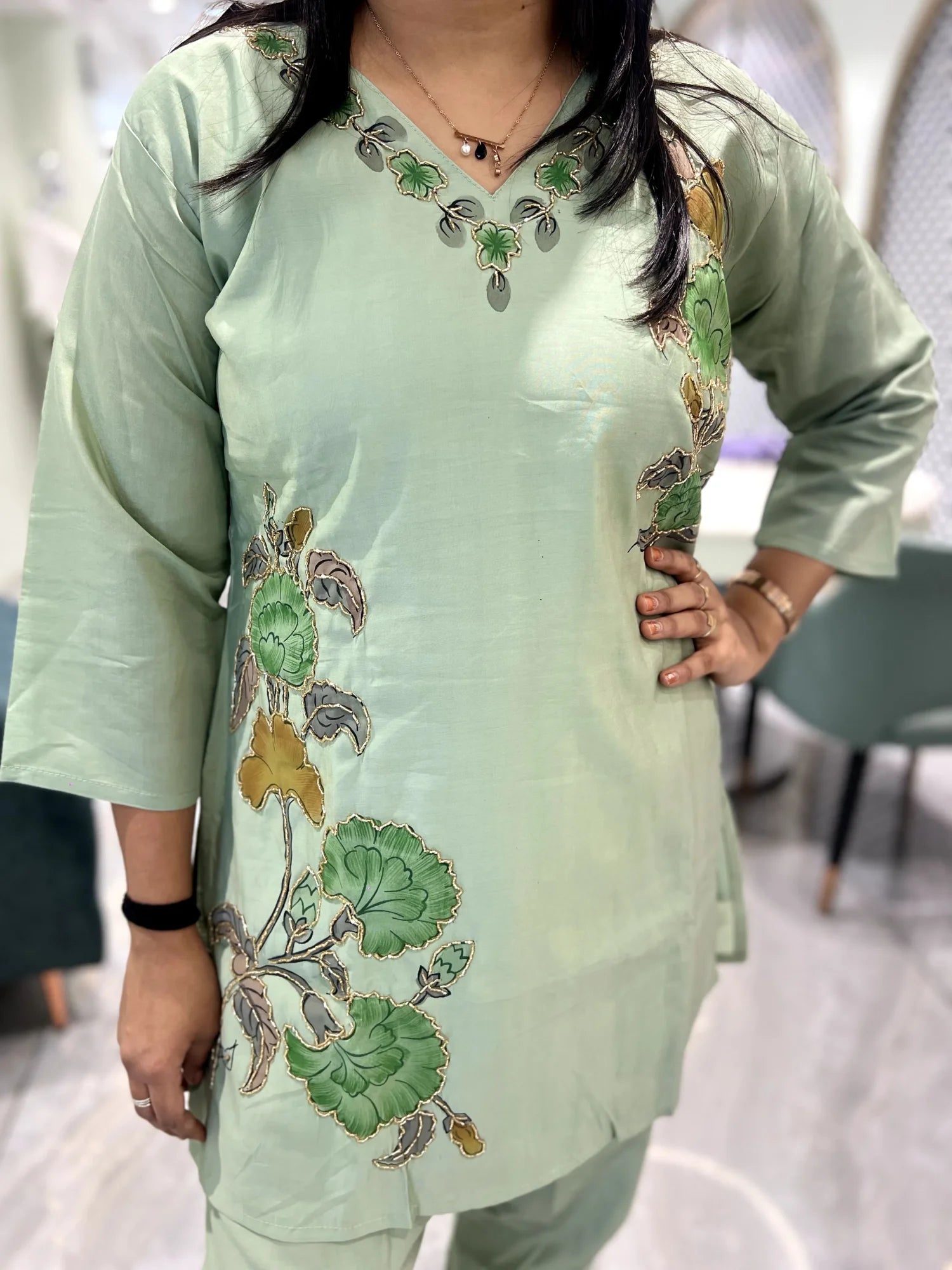 Pistachio Green Embroidery Roman Silk Cordset - ZGORIA 23 7