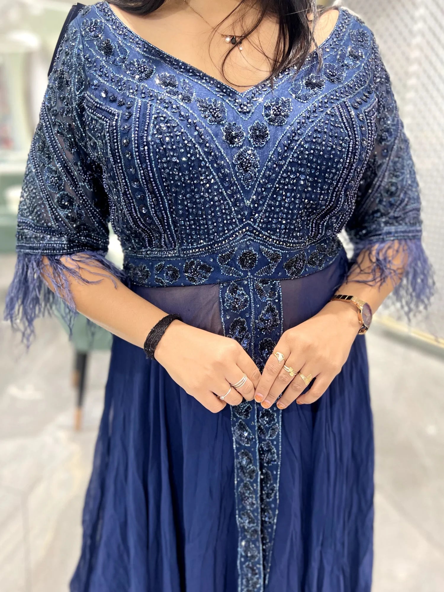Navy Blue Embroidery Pure Indo Western - VFGORI 7452 13
