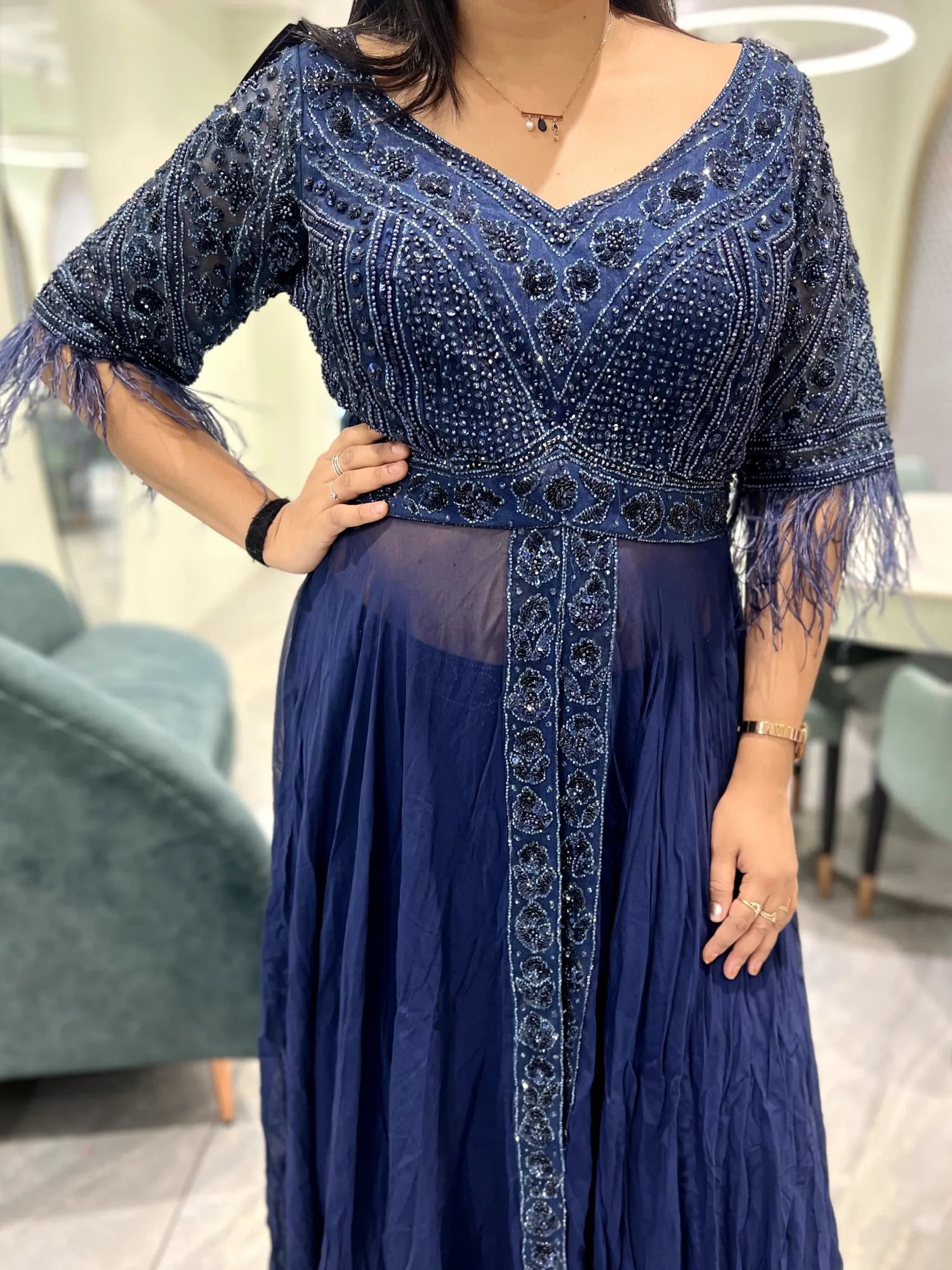 Navy Blue Embroidery Pure Indo Western - VFGORI 7452 13