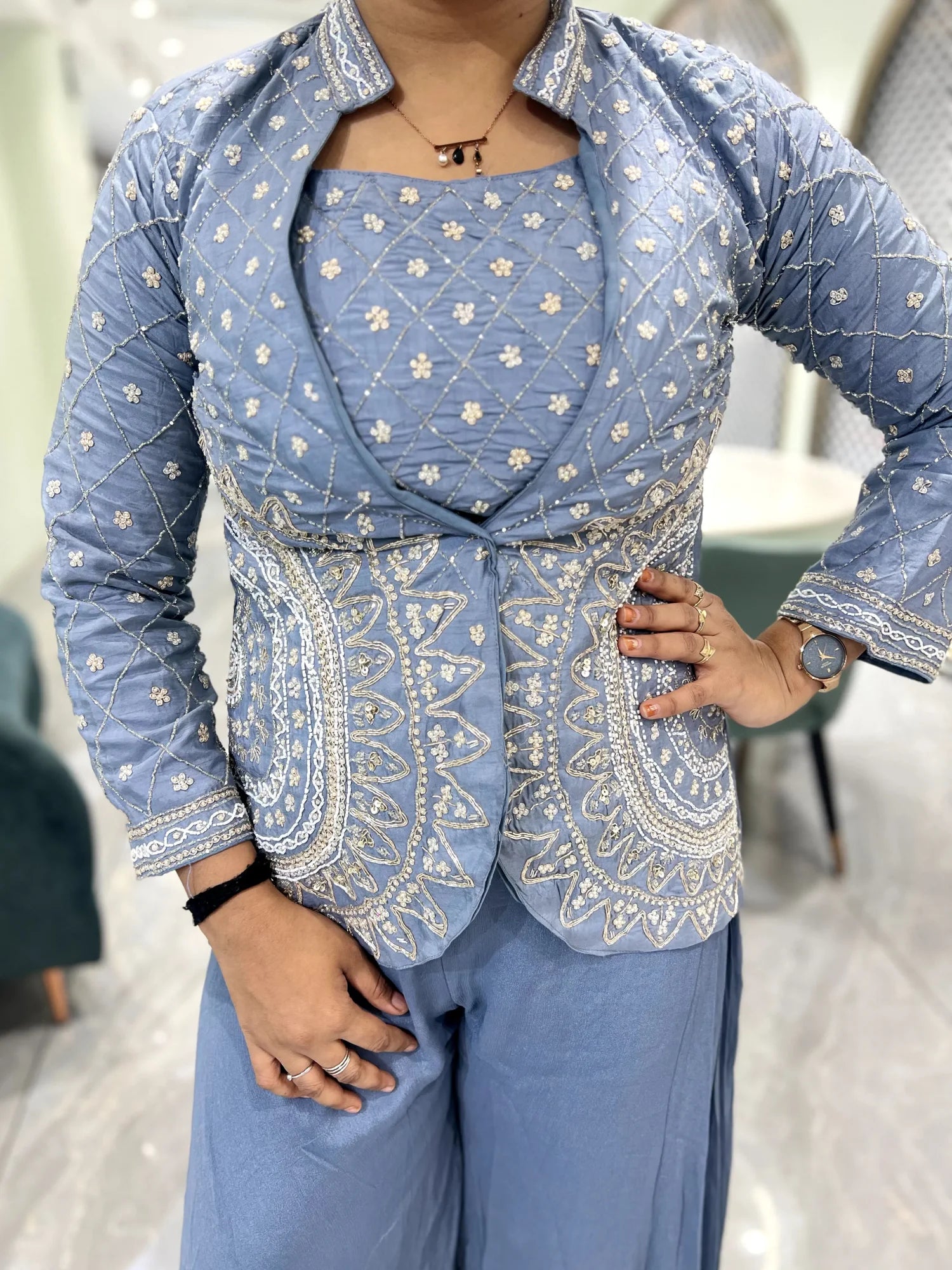 Sky Blue Hand Work Chiffon Indo Western - SRIGORI 679 13