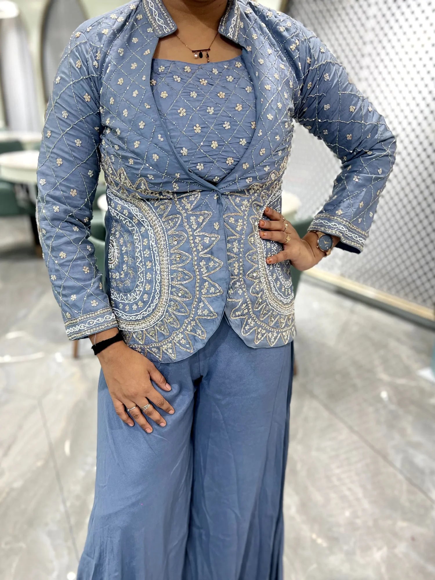 Sky Blue Hand Work Chiffon Indo Western - SRIGORI 679 13