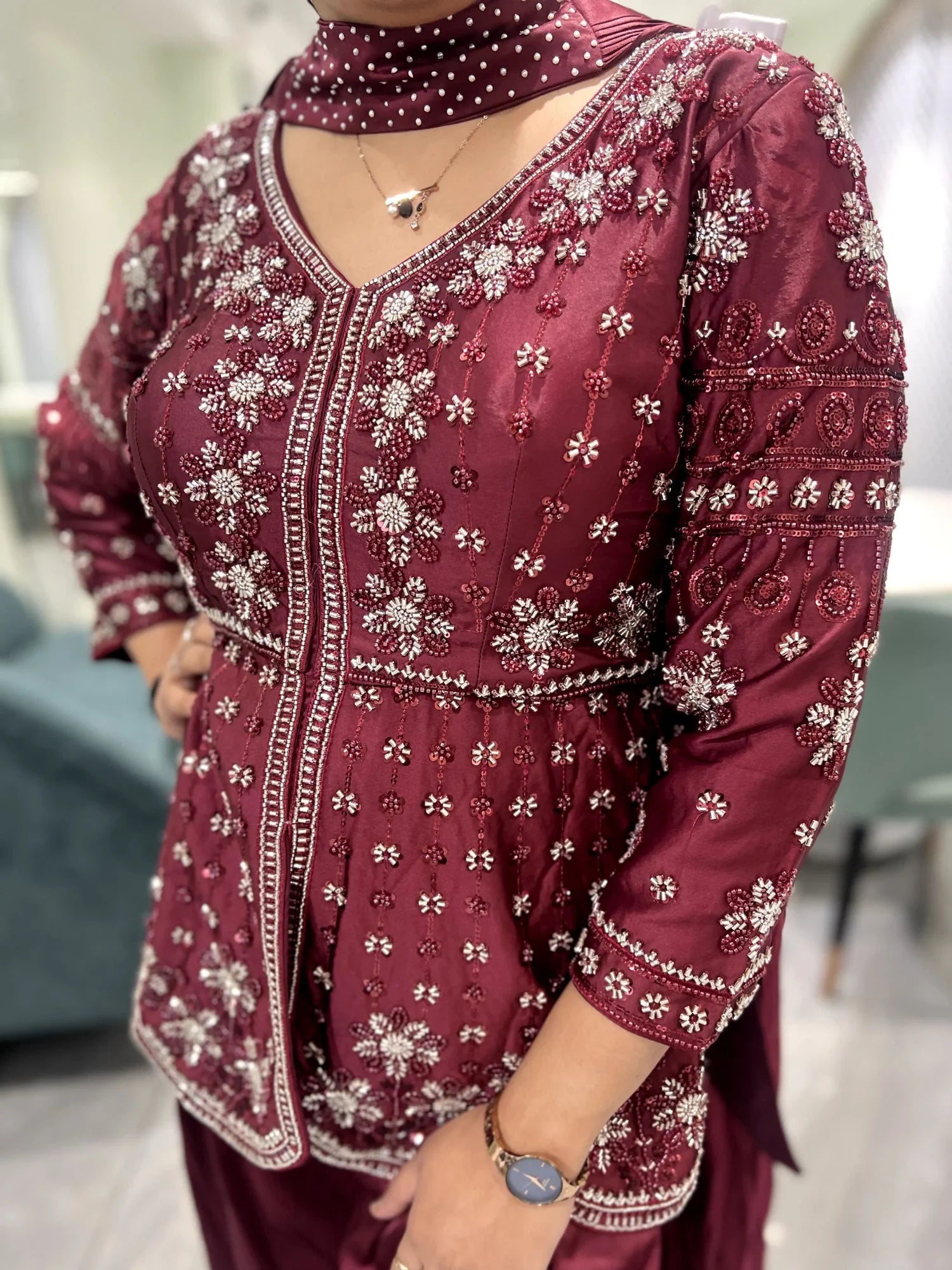 Wine Hand Work Georgette Indo Western - RGORICT 479 7