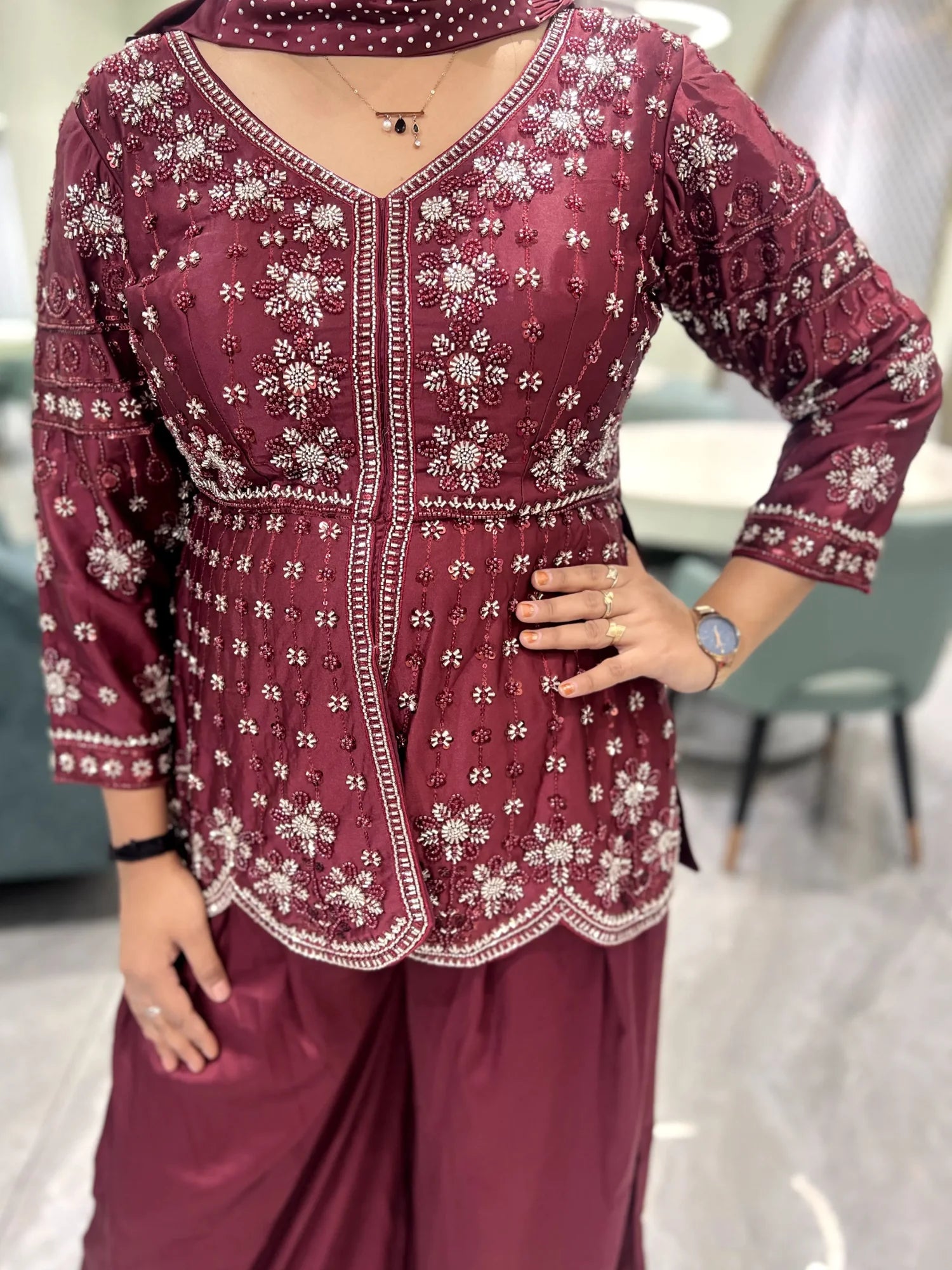 Wine Hand Work Georgette Indo Western - RGORICT 479 7