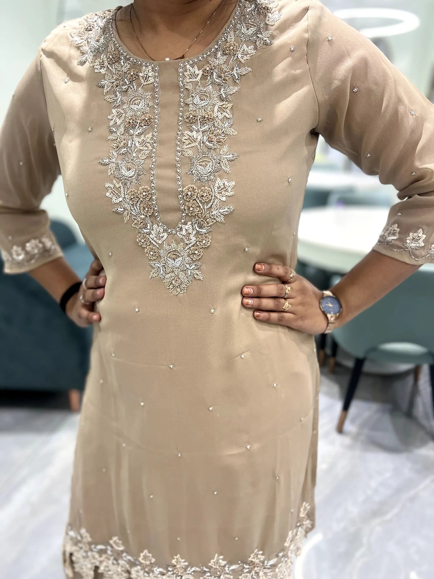 Pastel Brown Hand Work Cotton Silk Two Piece - FALAK G 52
