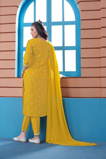 Sunny Glow: Handworked Three-Piece Suit specially for Haldi Ceremony Ensemble with Pure Dupatta