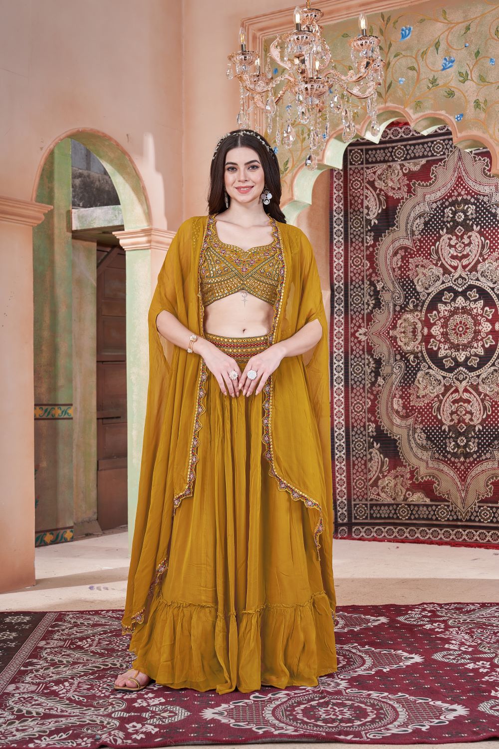 Golden Radiance: Handcrafted Mustard Indowestern Marvel for Your Special Day