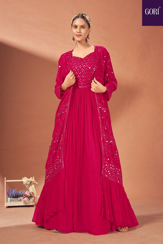 Hot pink georgette gown with paper mirror work