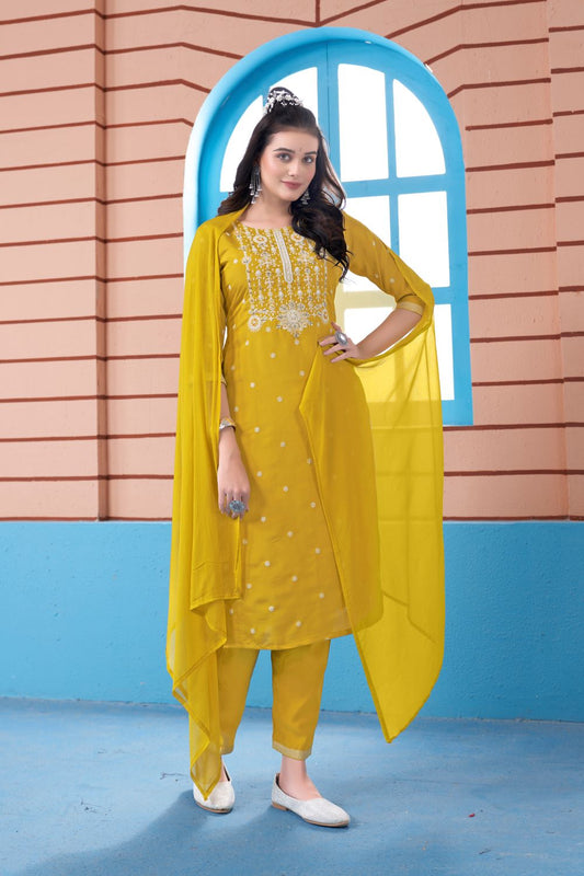 Sunny Glow: Handworked Three-Piece Suit specially for Haldi Ceremony Ensemble with Pure Dupatta