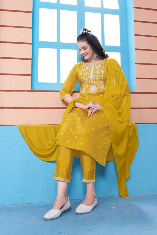 Sunny Glow: Handworked Three-Piece Suit specially for Haldi Ceremony Ensemble with Pure Dupatta