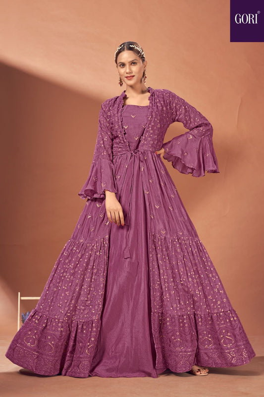 Tapestry colored party wear gown with heavy shrug