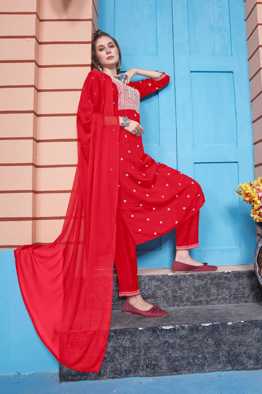 Radiant Red Elegance: Handworked Three-Piece Party Wear with Pure Dupatta