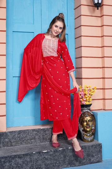 Radiant Red Elegance: Handworked Three-Piece Party Wear with Pure Dupatta