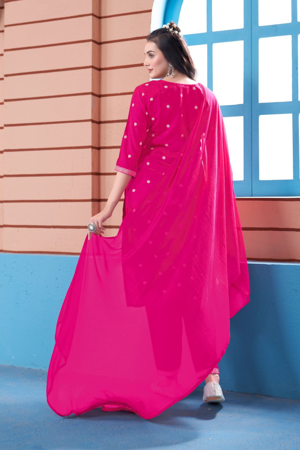 Pink Blossom Bliss: Handworked Three-Piece Party Wear with Pure Dupatta