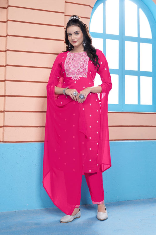 Pink Blossom Bliss: Handworked Three-Piece Party Wear with Pure Dupatta