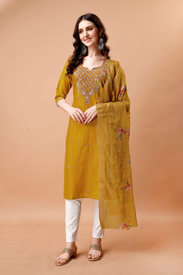 Chic Elegance: Mustard Majesty in a Three-Piece Suit with Contrast Pant and Printed Dupatta