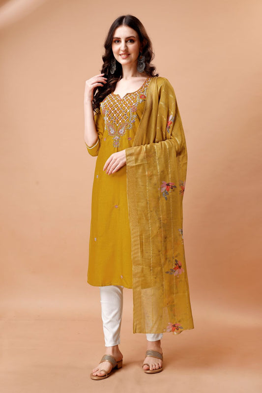 Chic Elegance: Mustard Majesty in a Three-Piece Suit with Contrast Pant and Printed Dupatta