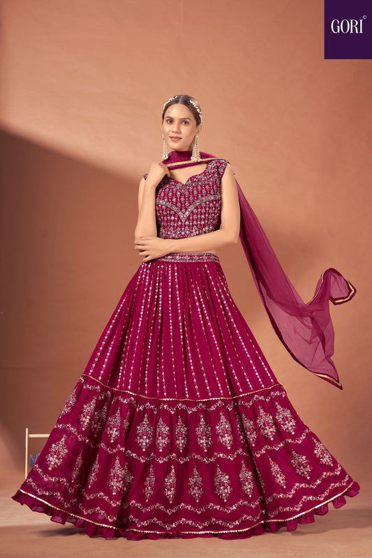 Stylish hot pink georgette crop-top lehenga