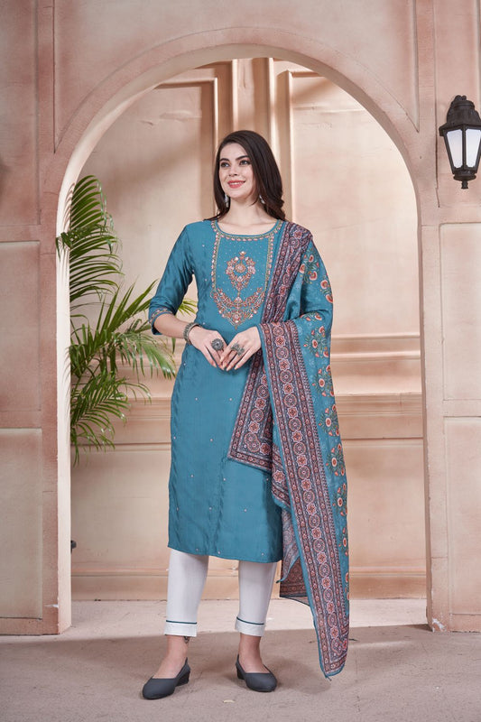 Exquisite Handcrafted Elegance: Azure Blue Contrast Three-Piece Party Wear Ensemble