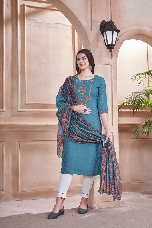 Exquisite Handcrafted Elegance: Azure Blue Contrast Three-Piece Party Wear Ensemble