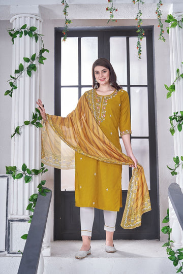 Golden Elegance Unleashed: Handcrafted Marvel in Mustard - A Trio of Timeless Glamour