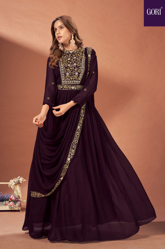 Stylish saree style wine colored long gown