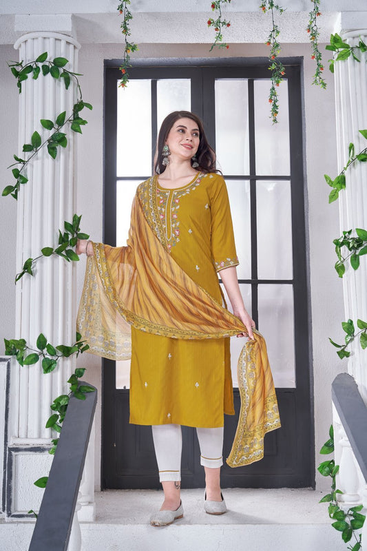 Golden Elegance Unleashed: Handcrafted Marvel in Mustard - A Trio of Timeless Glamour