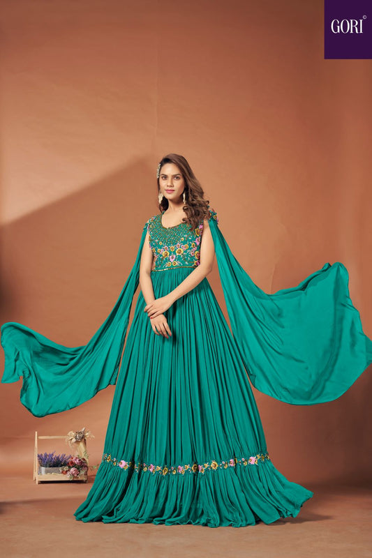 Rama green colored Long bridal gown with handwork