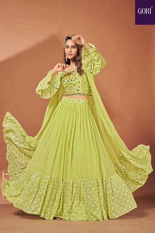 Designer three piece indo-western in parrot green colour