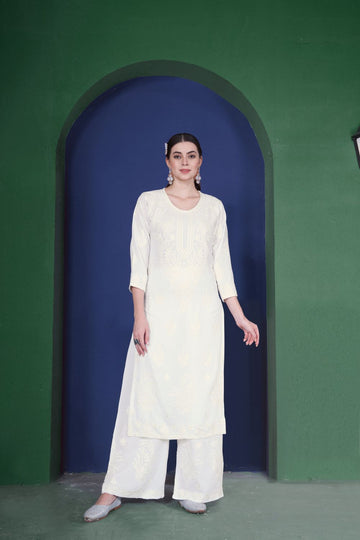 Regal Threads: Graceful Lucknowi Kurti Pant Ensembles in Luxurious Heavy Rayon